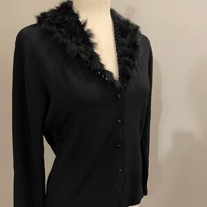 Radzoli Black Cardigan with Faux Fur Collar